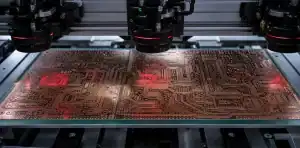 A manufacturing view of pCB outer-layer AOI featured view of automated inspection on an etched circuit panel.