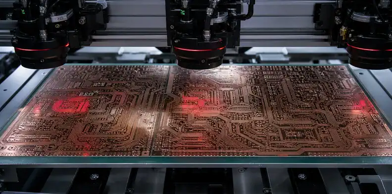 A manufacturing view of pCB outer-layer AOI featured view of automated inspection on an etched circuit panel.