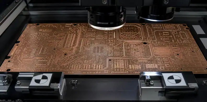 A manufacturing view of pCB outer-layer AOI showing automated optical inspection of a copper circuit panel.
