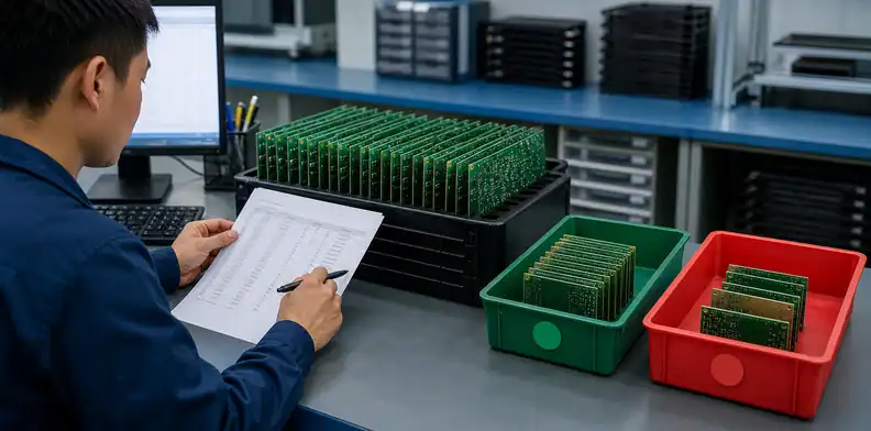 Purchasing team counting delivered bare boards for a PCB overage underage PO quantity review