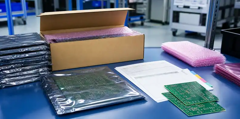 PCB packaging requirements shown with sealed PCB bags, shipping carton, packing sheets, and bare boards