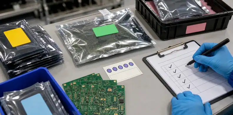 PCB packaging requirements for moisture and ESD protection using sealed bags, blank labels, and receiving checks