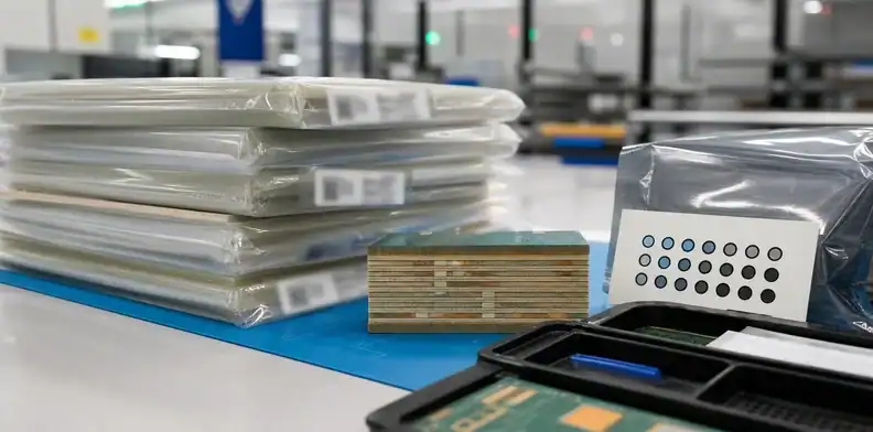 An engineering scene for PCB prepreg storage moisture control showing sealed prepreg packaging and humidity indicator.