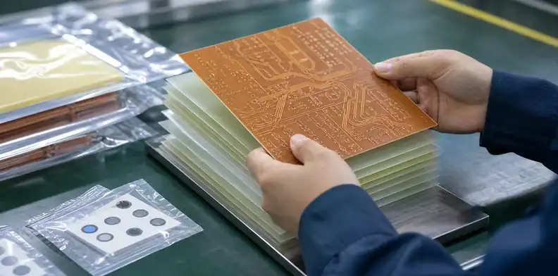 An engineering scene for PCB prepreg storage moisture control showing lamination release inspection.