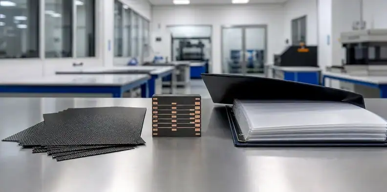 An engineering scene for PCB prepreg storage moisture control showing material route and stackup review.