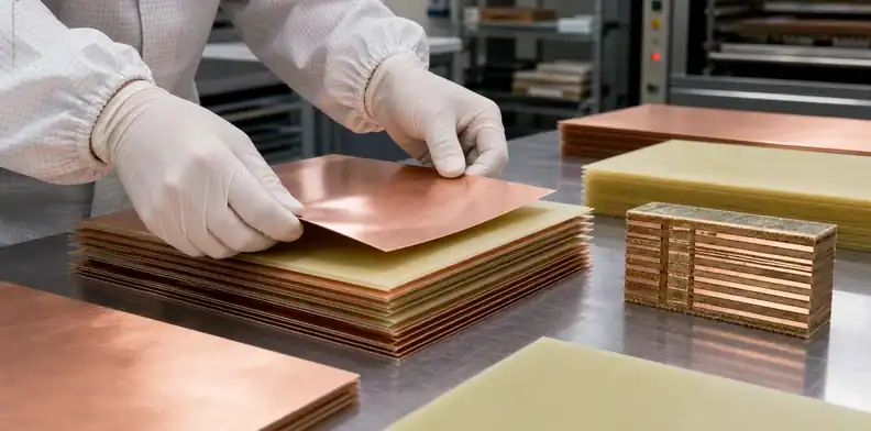 An engineering scene for PCB prepreg storage moisture control showing prepreg layup before pressing.