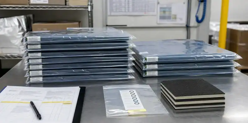 An engineering scene for PCB prepreg storage moisture control showing sealed prepreg packaging and humidity indicator.
