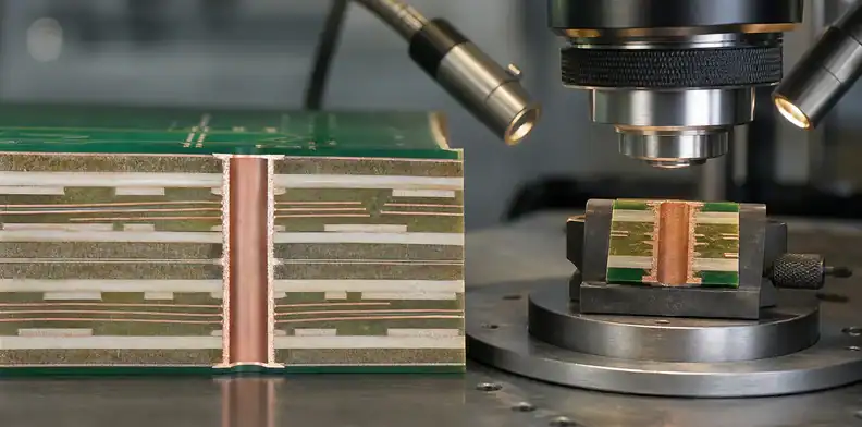 A manufacturing view of pTH hole-wall metallization featured view of plated board layers and manufacturing inspection.