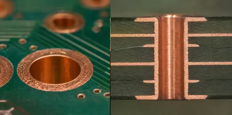 A manufacturing view of pTH hole-wall metallization showing copper barrel continuity and inspection.