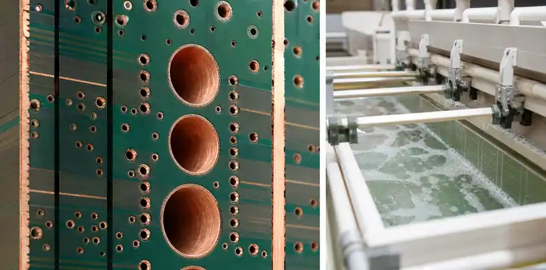 A manufacturing view of pTH hole-wall metallization showing representative drilled-hole groups.