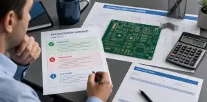 PCB quote exclusions decision review with quotation, PCB sample, calculator, and approved purchase order