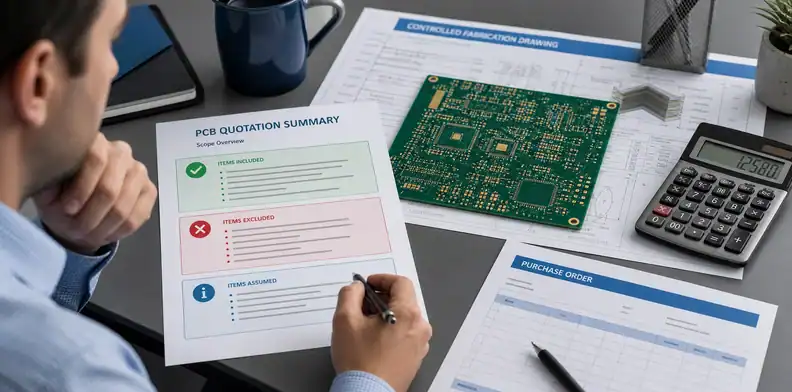 PCB quote exclusions decision review with quotation, PCB sample, calculator, and approved purchase order