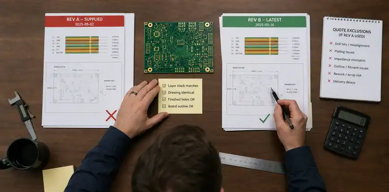 PCB quote exclusions file revision and board identity comparison before ordering