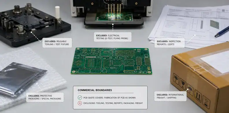 PCB quote exclusions tooling test reports freight and commercial boundary review