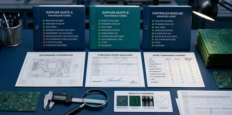 PCB quote exclusions supplier comparison and approved PO baseline