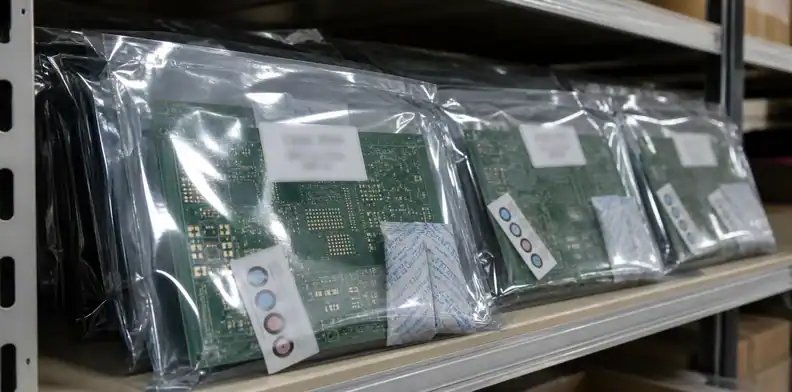 Sealed PCB shelf life storage bags with humidity cards and desiccant packs
