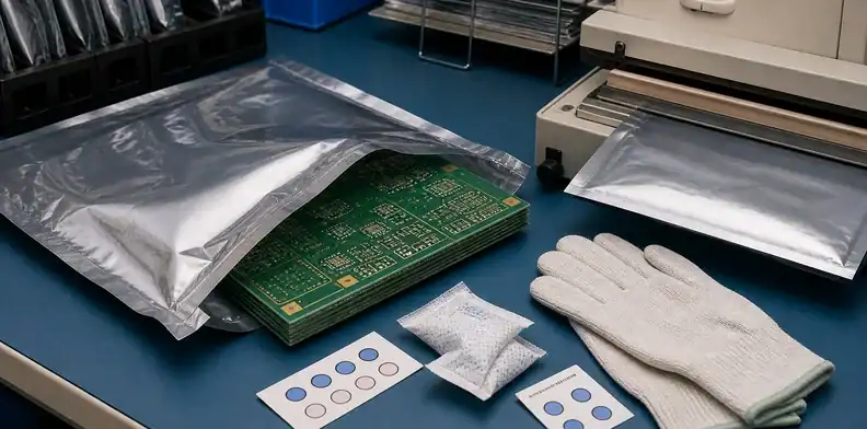 Opened PCB shelf life storage bag with desiccant humidity card and resealing tools