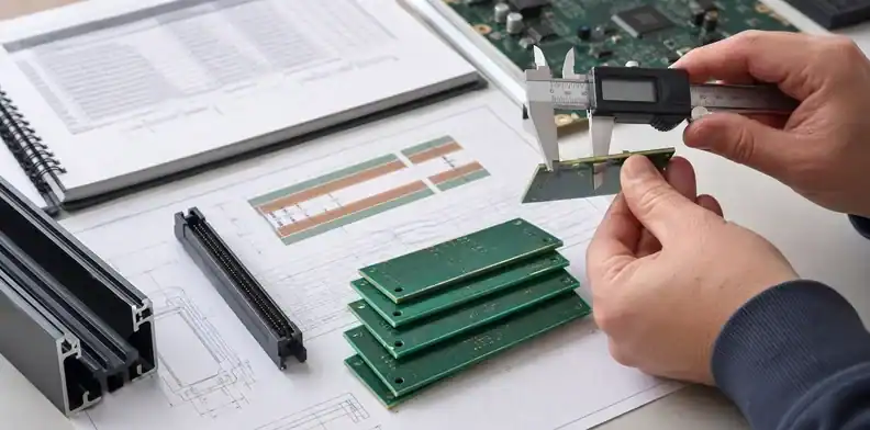 Mechanical desk comparing pcb thickness samples with connector and enclosure fit checks