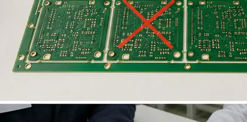 Marked reject panel review showing pcb x-out boards and assembly loading decision notes
