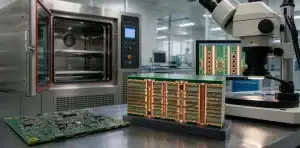 An engineering scene for PCB Z-axis CTE showing a thermal reliability lab and plated PCB vias.