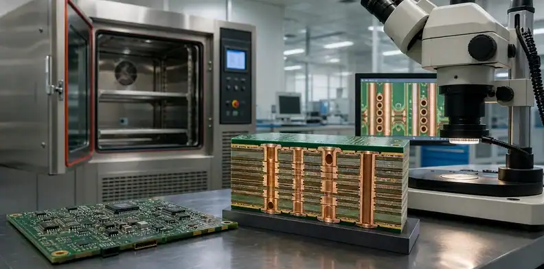 An engineering scene for PCB Z-axis CTE showing a thermal reliability lab and plated PCB vias.