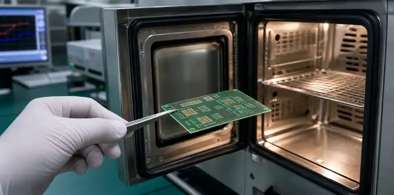 An engineering scene for PCB Z-axis CTE showing a multilayer coupon entering thermal-cycle testing.