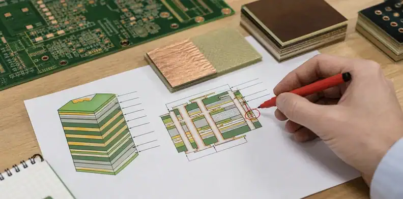 An engineering scene for PCB Z-axis CTE showing a stack-up and via reliability review.