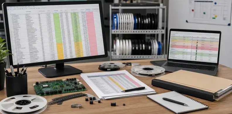 PCBA AVL cleanup before RFQ BOM and approved vendor list review desk with component reels and RFQ decision matrix