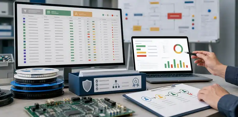 PCBA AVL cleanup before RFQ sourcing risk scene with MOQ, NCNR, traceability, and approval owner workflow