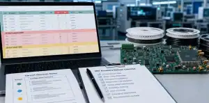 PCBA BOM DNP DNI parts PCBA BOM spreadsheet with DNP and DNI rows beside a populated circuit board and variant decision notes