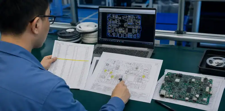 PCBA BOM DNP DNI parts assembly engineer comparing BOM, centroid, and assembly drawing for do-not-populate reference designators