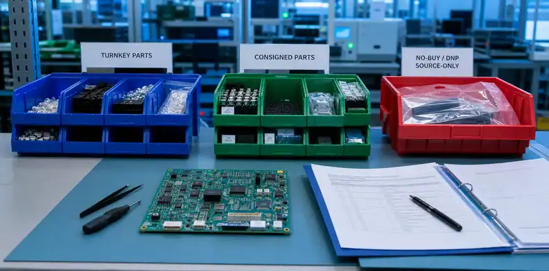 PCBA BOM DNP DNI parts turnkey and consigned parts bins separated from DNP source-only and no-buy BOM instructions