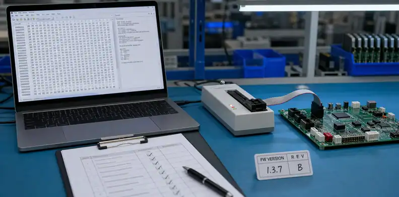 PCBA firmware programming file release PCBA firmware programming release desk with hex file checksum record, circuit board, programmer tool, and revision label