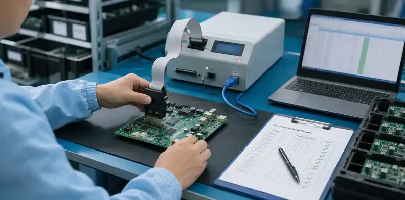 PCBA firmware programming file release engineer connecting programming fixture to PCBA with target device and released firmware version record visible