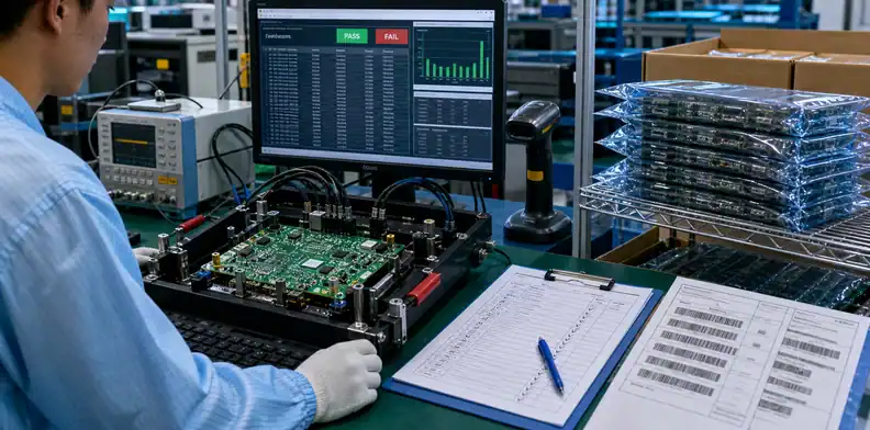 PCBA firmware programming file release functional test station showing programmed PCBA, serial number log, and pass fail evidence before shipment