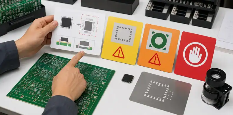 PCBA footprint mismatch before assembly quote DFM disposition scene with stencil, solder mask, and production hold risks