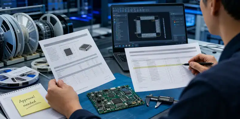 PCBA MPN mismatch BOM AVL engineer comparing datasheets, footprint viewer, and BOM line for a disputed manufacturer part number