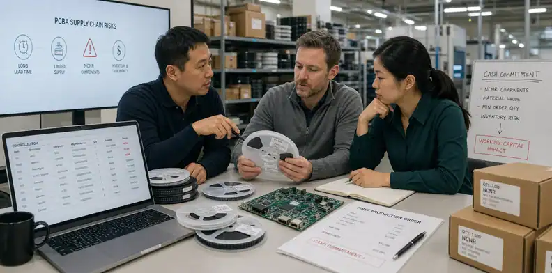 PCBA NCNR components first production order review with reels BOM and cash exposure
