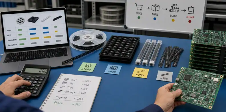 PCBA NCNR components MOQ MPQ excess and purchase demand reconciliation