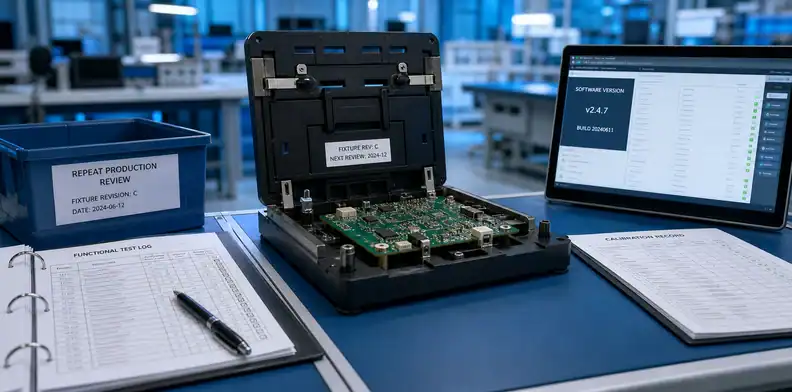 PCBA test fixture ownership repeat production review with fixture revision software version and calibration note