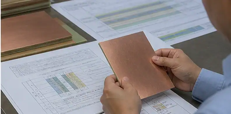 A laminate data review scene shows PCB copper peel strength evidence beside copper foil samples and stackup sheets.
