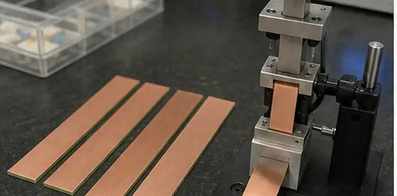 A test bench shows PCB copper peel strength review with copper-clad laminate samples and adhesion test fixtures.