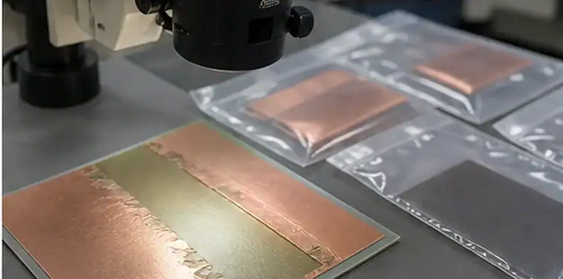 An inspection microscope shows PCB copper peel strength investigation with lifted copper sample and incoming record.