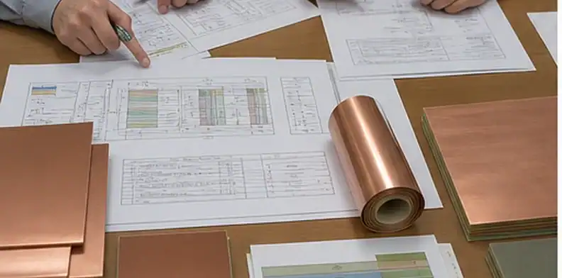 An RFQ package shows PCB copper peel strength notes with laminate callouts, copper samples, and approval documents.