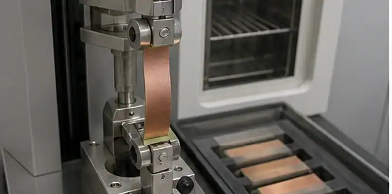 A test coupon and measurement fixture show PCB copper peel strength conditioning and release evidence.