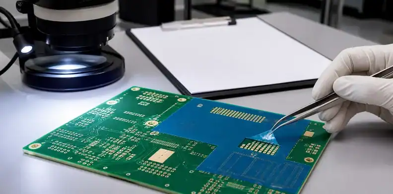 Tweezers lift blue peelable solder mask from a PCB during removal acceptance review.