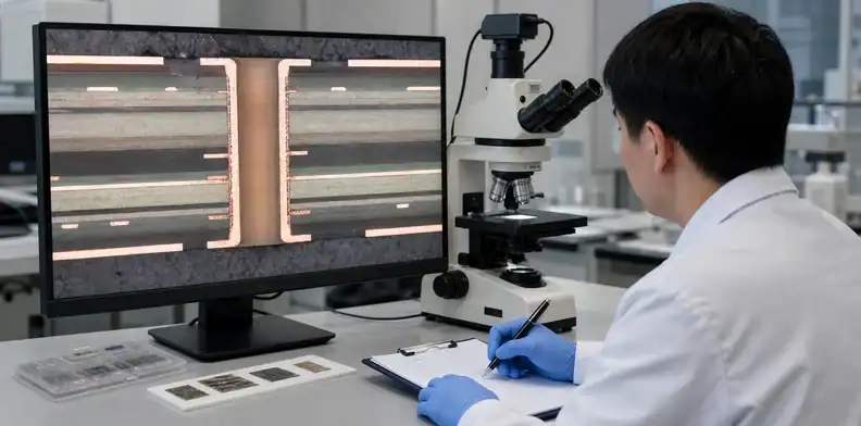 A microscope displays plated-hole microsection evidence for hybrid PCB via reliability acceptance