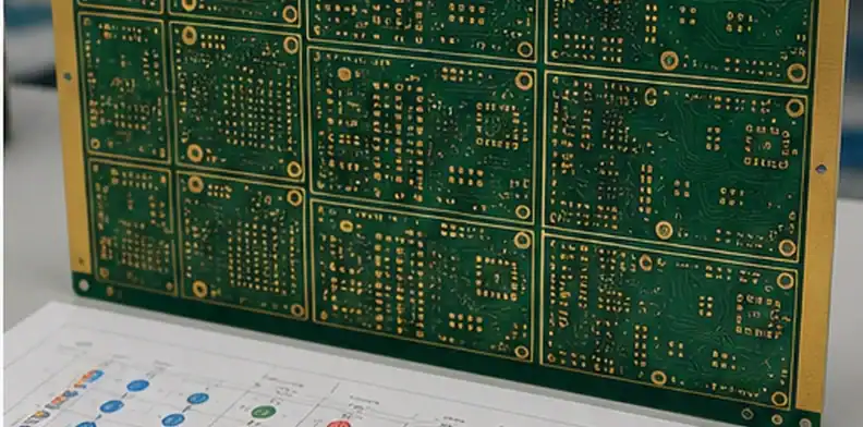 A drill table and PCB panel show PCB copper plating thickness planning for different plated hole families.