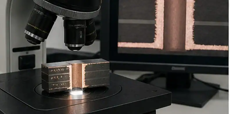 A microscope image setup shows PCB copper plating thickness evidence on plated through-hole cross sections.