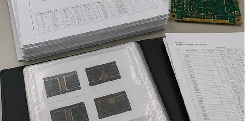 An RFQ package shows PCB copper plating thickness requirements with stackup sheets, drill tables, and microsection notes.